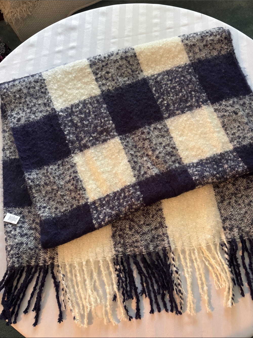 Cozy purple and Cream Plaid shawl with Fringe
